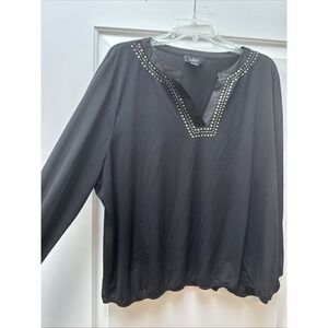Belldini Studded Blouse Women's 3X V-neck Black Elastic Cuffs & Waist